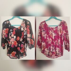 TWO LC Lauren Conrad Multicolor Floral Blouses- Black and Pink size M
